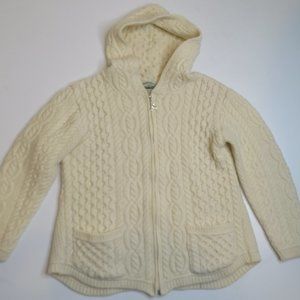 Aran Crafts Ireland Hoodie Zip Cardigan Sweater Fisherman Cable Knit Wool Large